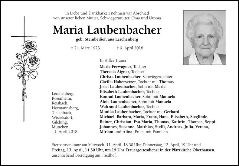 Traueranzeige Maria Laubenbacher