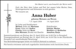 Traueranzeige Anna Huber