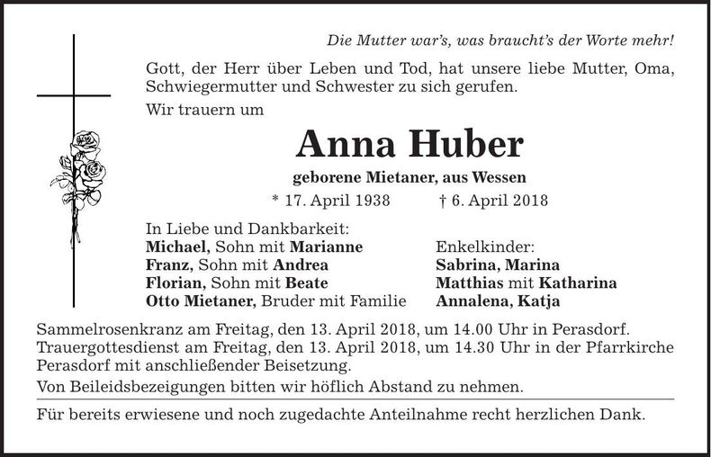 Traueranzeige Anna Huber