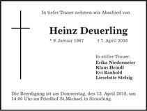 Traueranzeige Heinz Deuerling