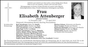 Traueranzeige Elisabeth Attenberger