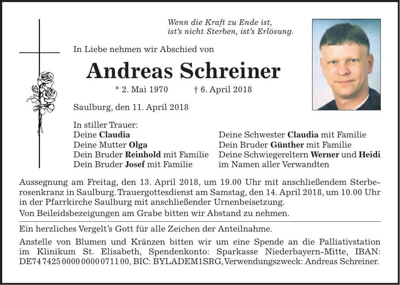 Traueranzeige Andreas Schreiner