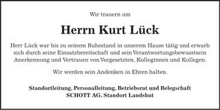 Traueranzeige Kurt Lück