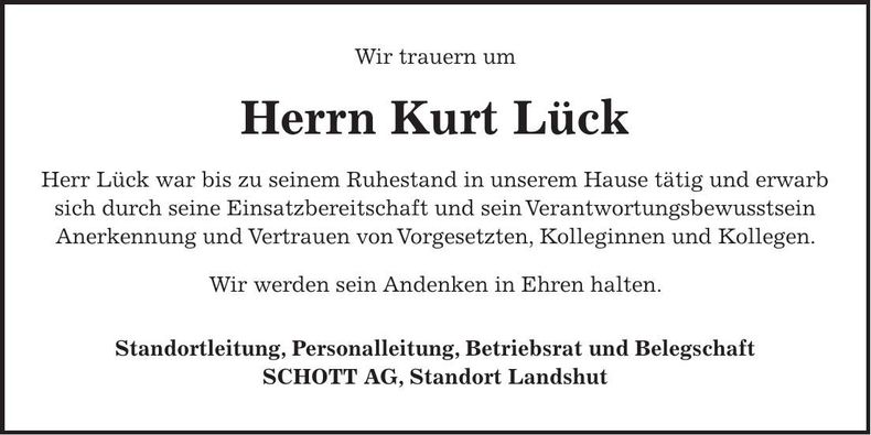 Traueranzeige Kurt Lück
