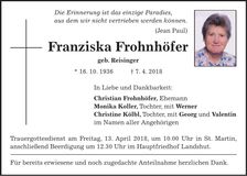 Traueranzeige Franziska Frohnhöfer