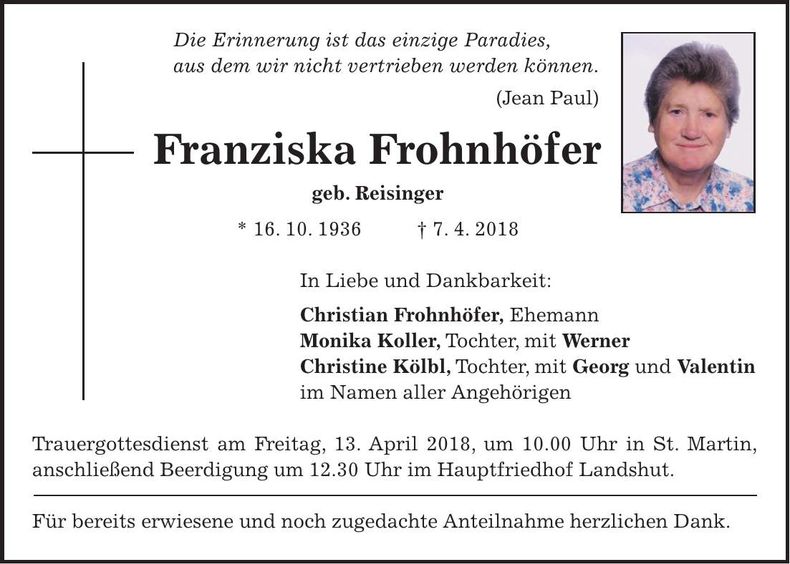 Traueranzeige Franziska Frohnhöfer