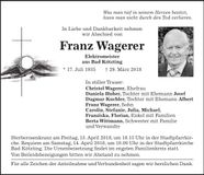 Traueranzeige Franz Wagerer