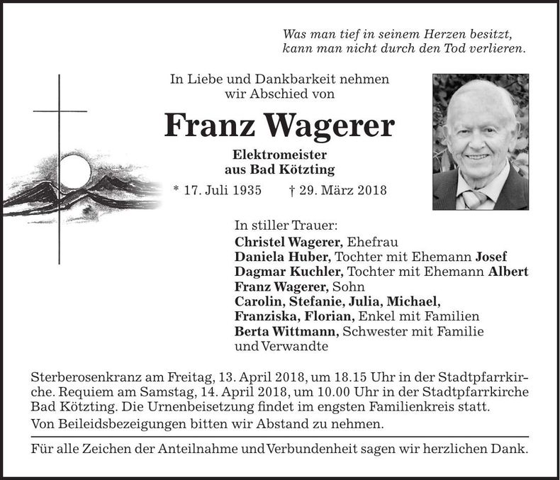 Traueranzeige Franz Wagerer