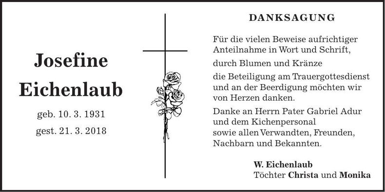 Traueranzeige Josefine Eichenlaub