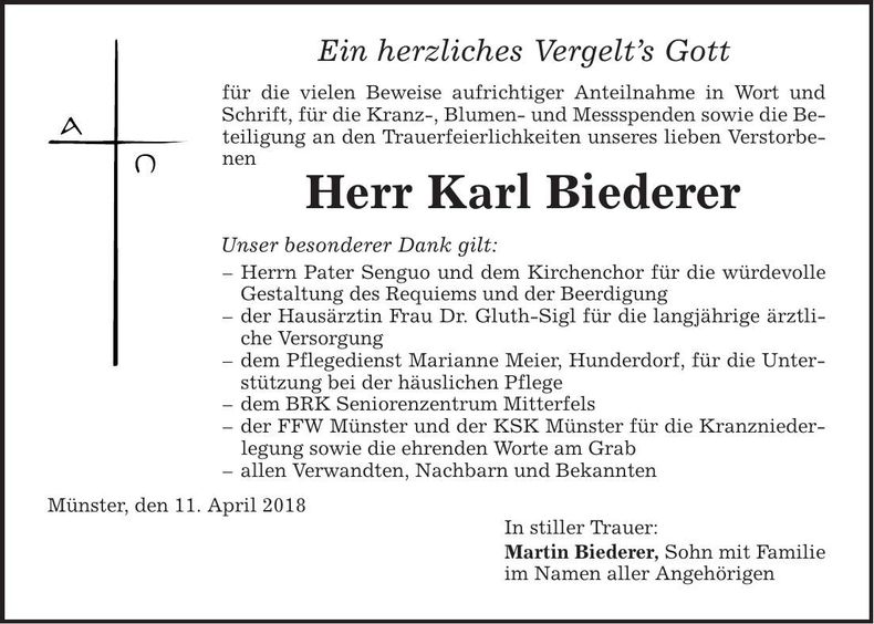 Traueranzeige Karl Biederer