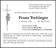 Traueranzeige Franz Treitinger