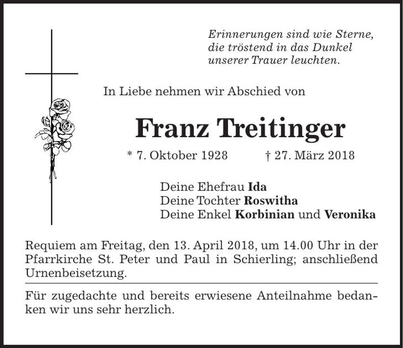 Traueranzeige Franz Treitinger
