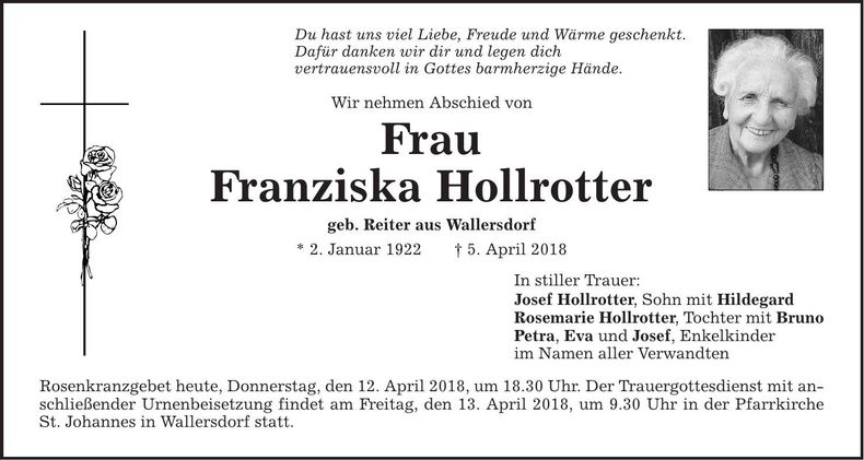 Traueranzeige Franziska Hollrotter
