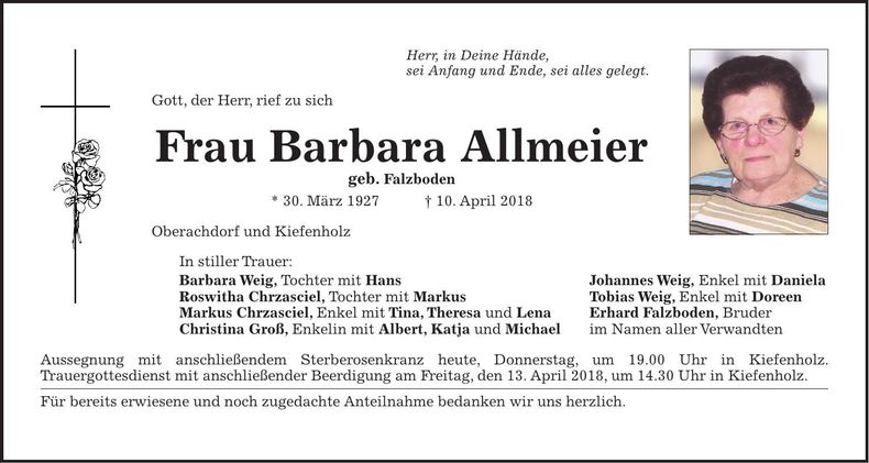 Traueranzeige Barbara Allmeier