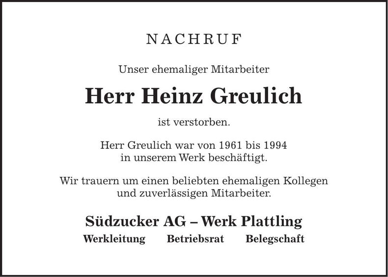 Traueranzeige Heinz Greulich