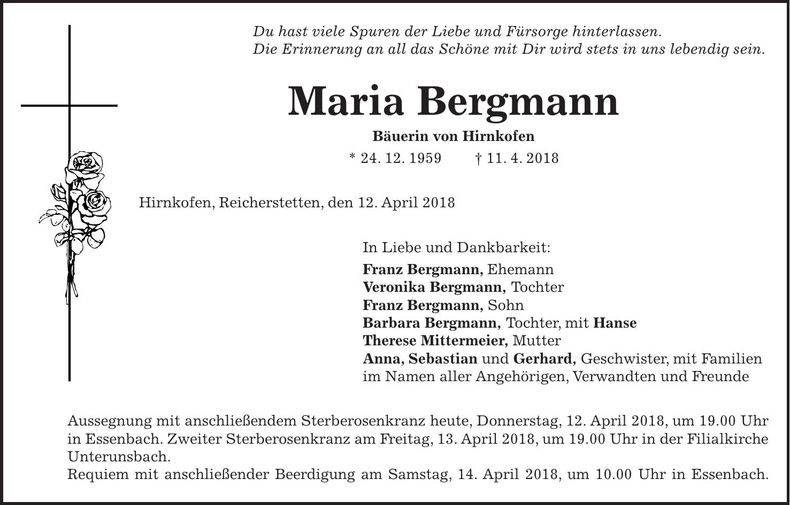 Traueranzeige Maria Bergmann