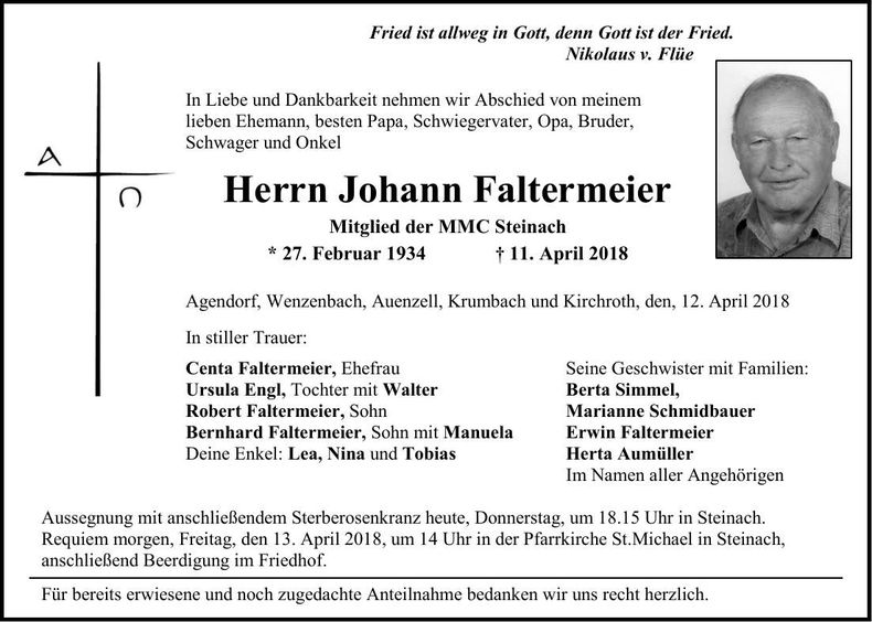 Traueranzeige Johann Faltermeier