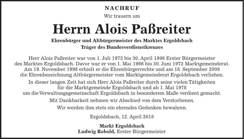 Traueranzeige Alois Paßreiter