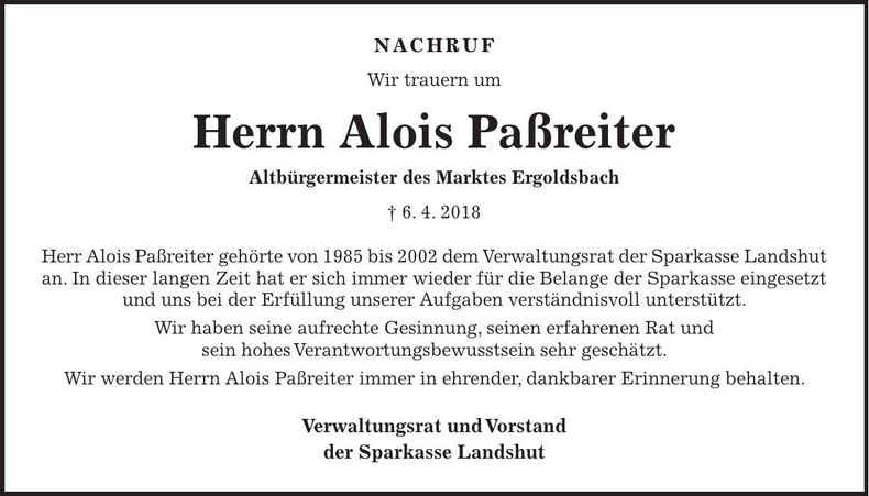 Traueranzeige Alois Paßreiter