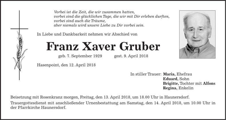 Traueranzeige Franz Xaver Gruber