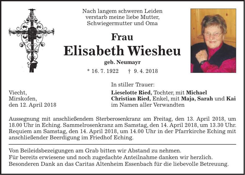 Traueranzeige Elisabeth Wiesheu