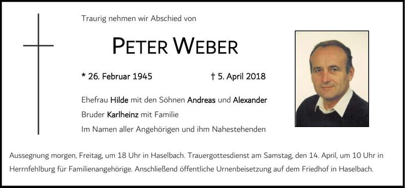 Traueranzeige Peter Weber