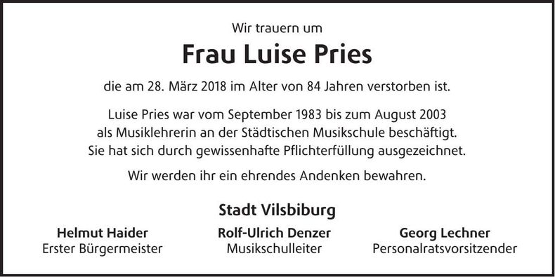 Traueranzeige Luise Pries