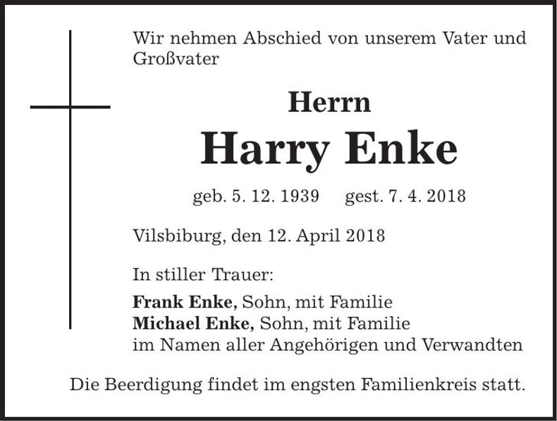 Traueranzeige Harry Enke