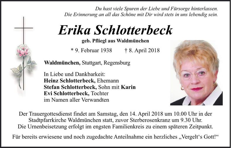 Traueranzeige Erika Schlotterbeck