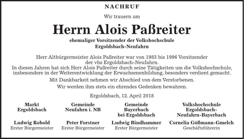 Traueranzeige Alois Paßreiter