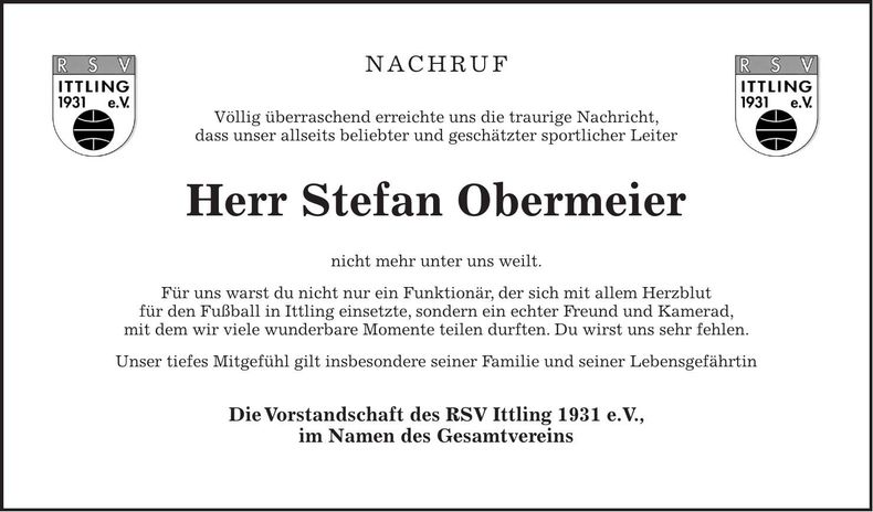 Traueranzeige Stefan Obermeier