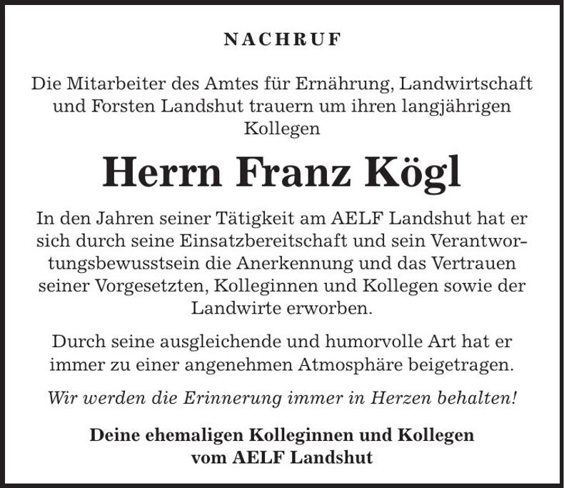 Traueranzeige Franz Kögl