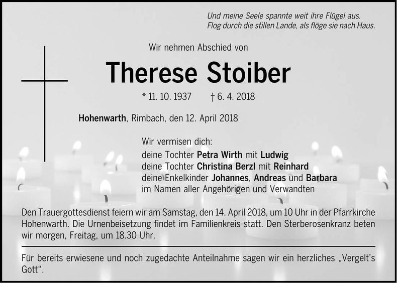Traueranzeige Therese Stoiber