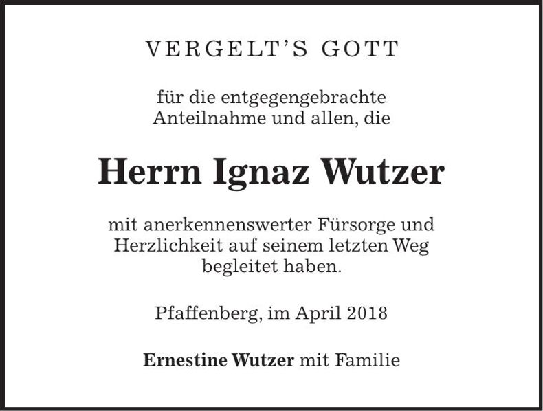 Traueranzeige Ignaz Wutzer