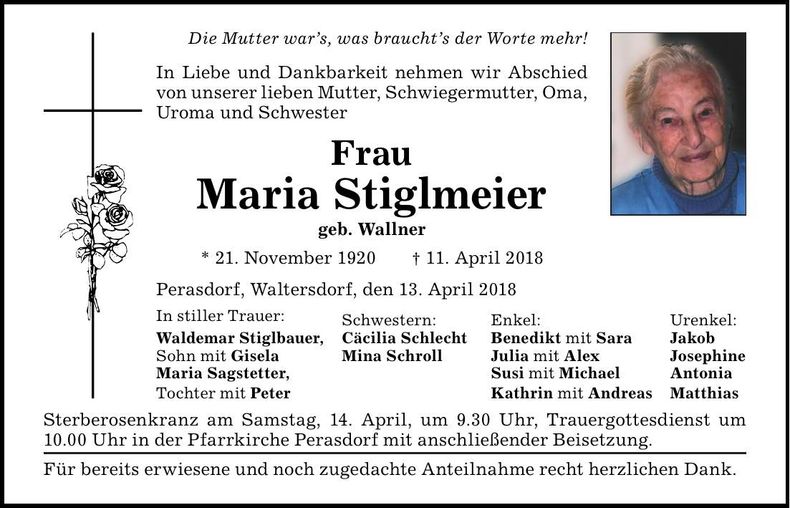 Traueranzeige Maria Stiglmeier