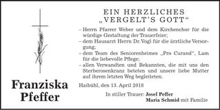 Traueranzeige Franziska Pfeffer