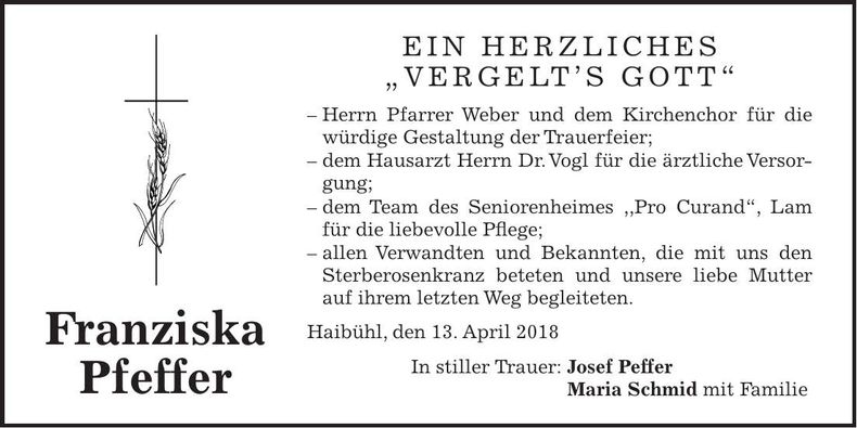 Traueranzeige Franziska Pfeffer