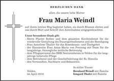 Traueranzeige Maria Weindl