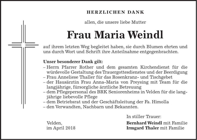 Traueranzeige Maria Weindl