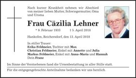 Traueranzeige Cäzilia Lehner