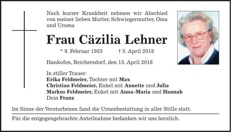 Traueranzeige Cäzilia Lehner