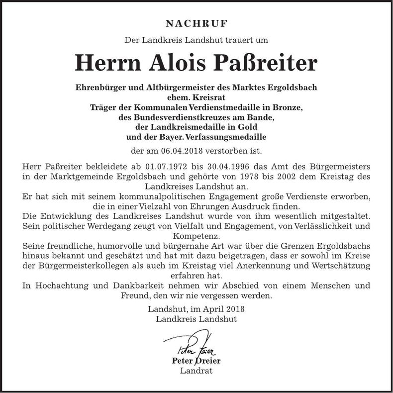 Traueranzeige Alois Paßreiter