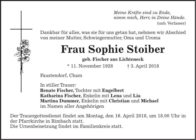 Traueranzeige Sophie Stoiber