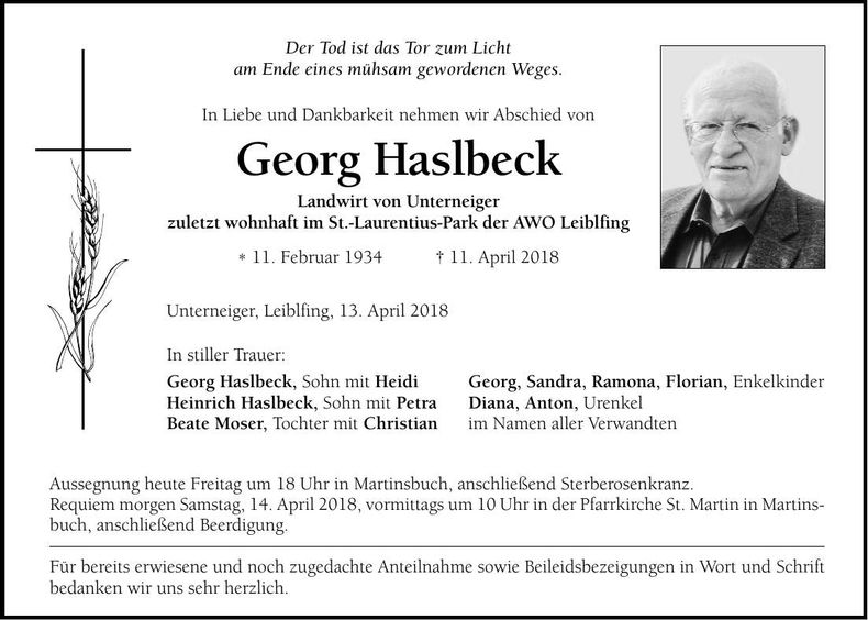 Traueranzeige Georg Haslbeck