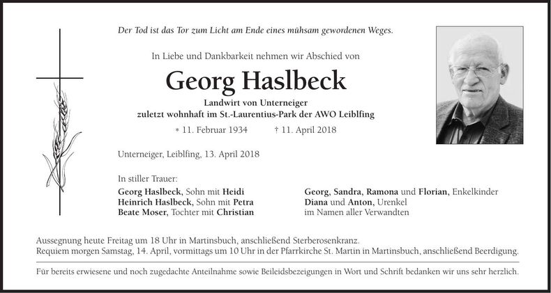 Traueranzeige Georg Haslbeck