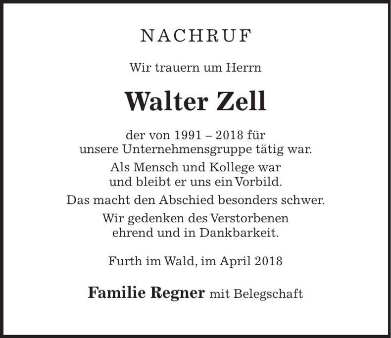 Traueranzeige Walter Zell