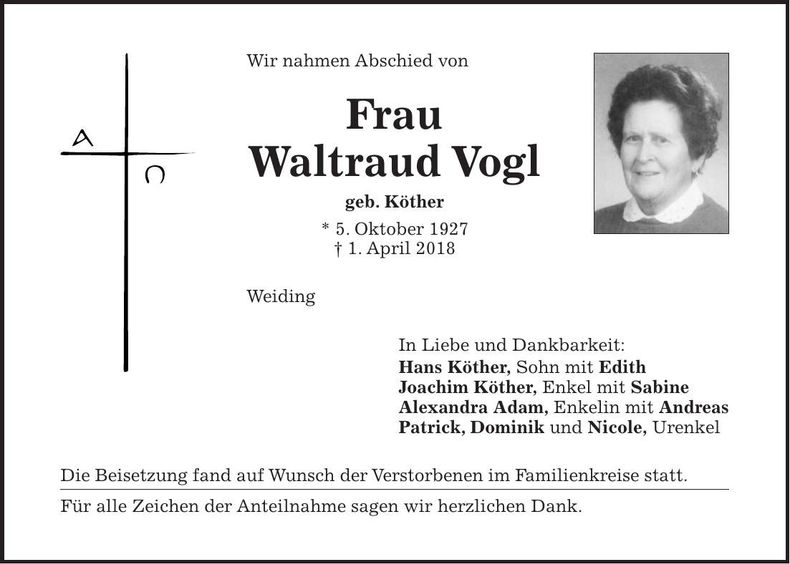 Traueranzeige Waltraud Vogl
