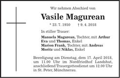 Traueranzeige Vasile Magurean