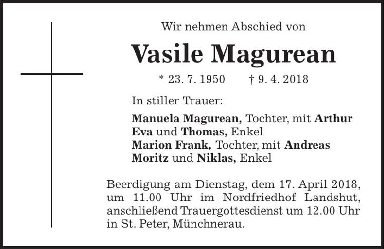 Traueranzeige Vasile Magurean
