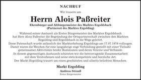 Traueranzeige Alois Paßreiter
